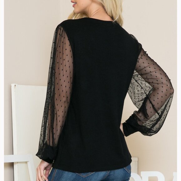 NEW Mesh Polka Dot Long Sleeve Top, Puff Sleeves, Stretch Fabric Knit Blouse - Picture 2 of 5
